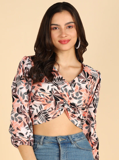 Beige Color Printed Front Knot Stylish Crop Top