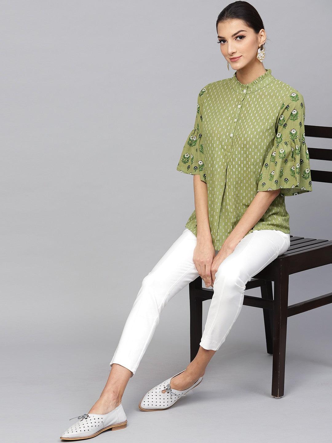 Green &amp; White Printed Tunic With Flared Sleeve - Znxclothing