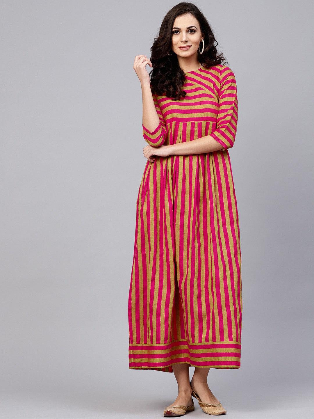 Magenta &amp; Gold Woven Design Box Pleated Maxi (Fully Stitched) - Znxclothing