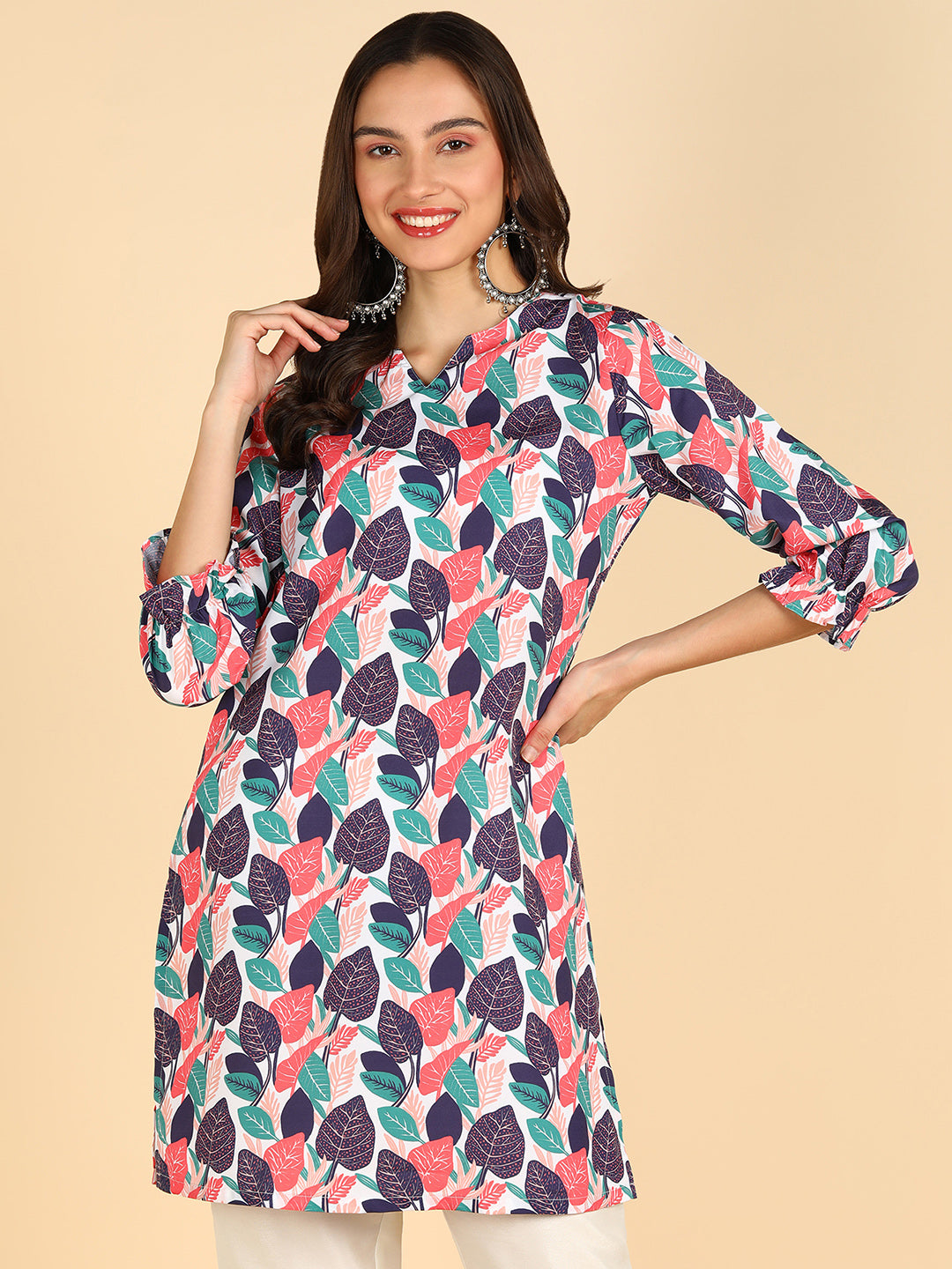 Blue Floral Printed White Straight Kurti