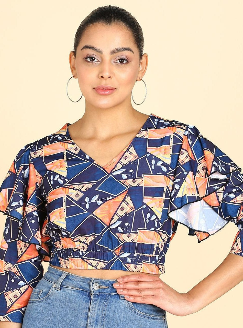 Geometric Printed Blue Blouson Crop Top - Znxclothing