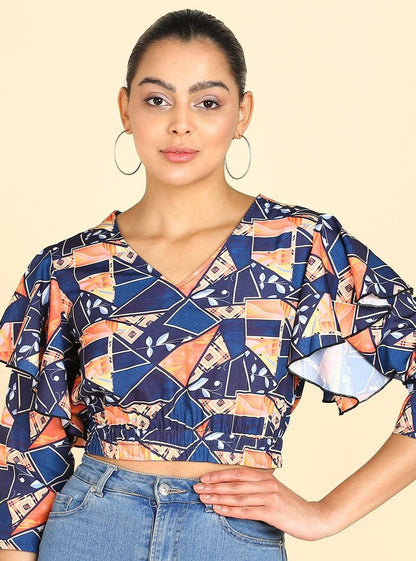 Geometric Printed Blue Blouson Crop Top - Znxclothing