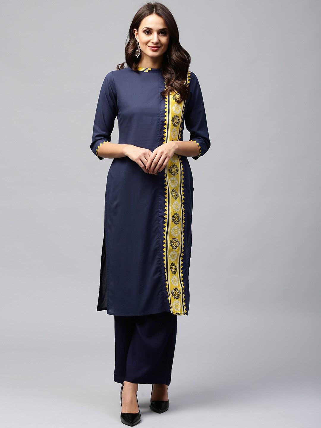 Navy Blue Printed Straight Kurta (Fully Stitched) - Znxclothing