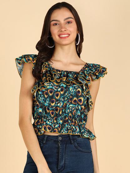 Green &amp; Black Printed Frilled Sleeveless Top