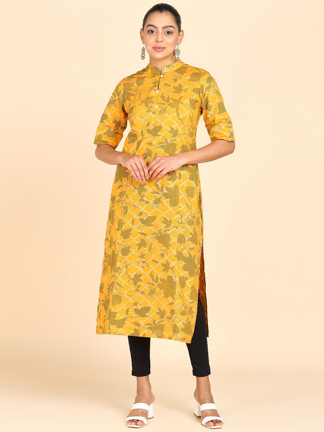 Floral Printed Princess Cut Yellow Straight Kurta - Znxclothing