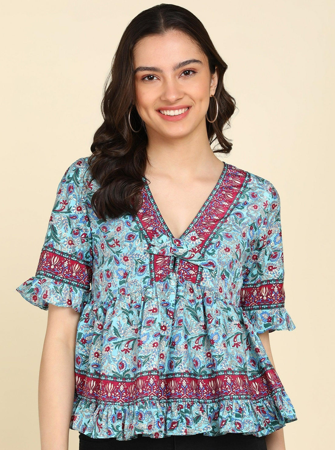 Ethnic Motifs Printed Powder Blue Top - Znxclothing