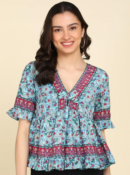 Ethnic Motifs Printed Powder Blue Top - Znxclothing