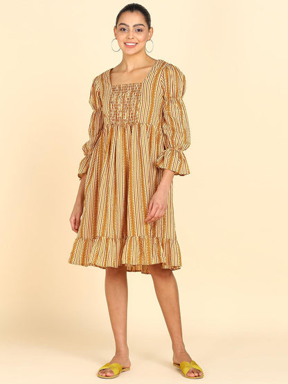 Brown Leaf Strip Printed Smocked Yellow Dress - Znxclothing