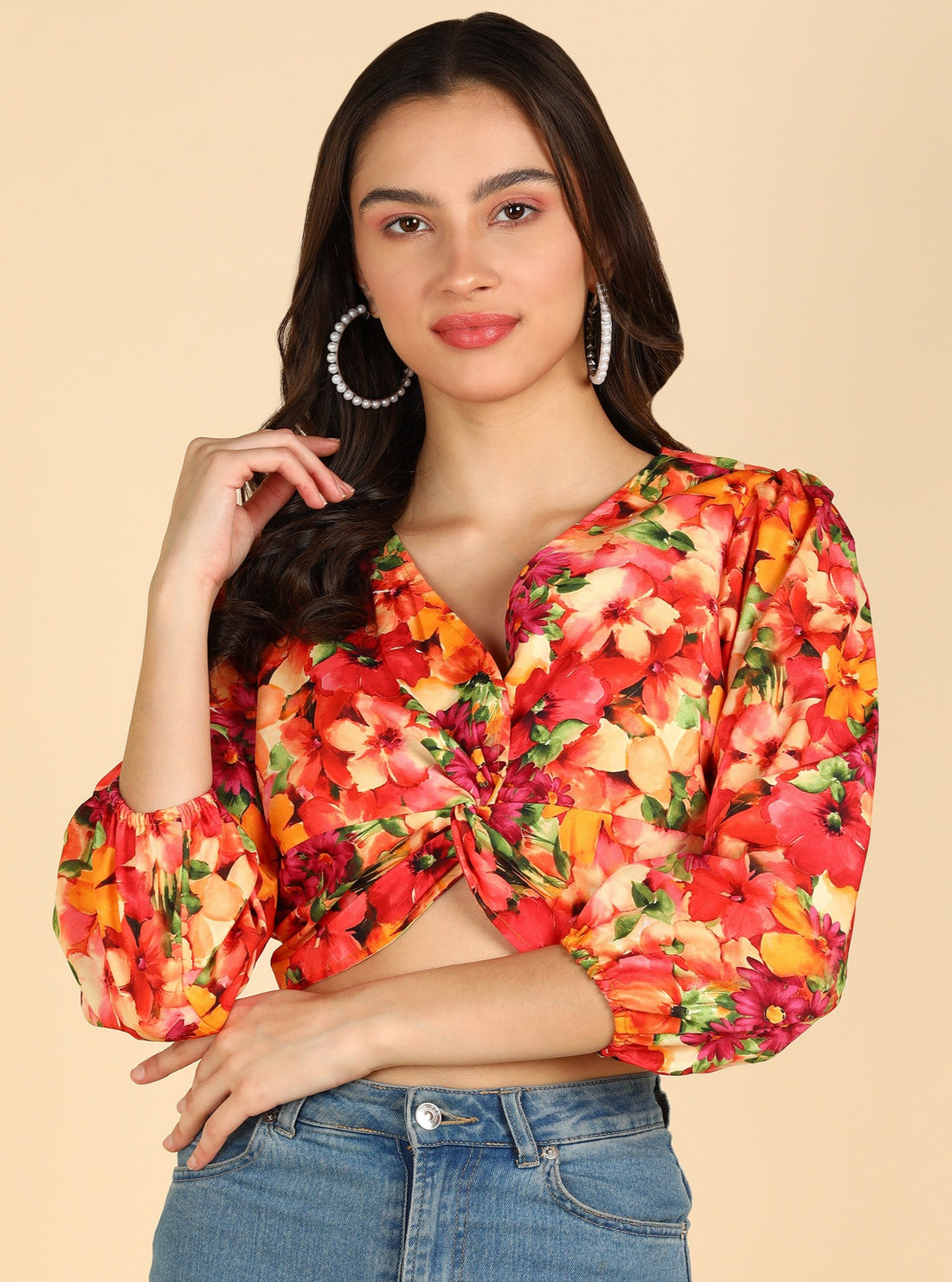 Orange Color Printed Front Knot Stylish Crop Top