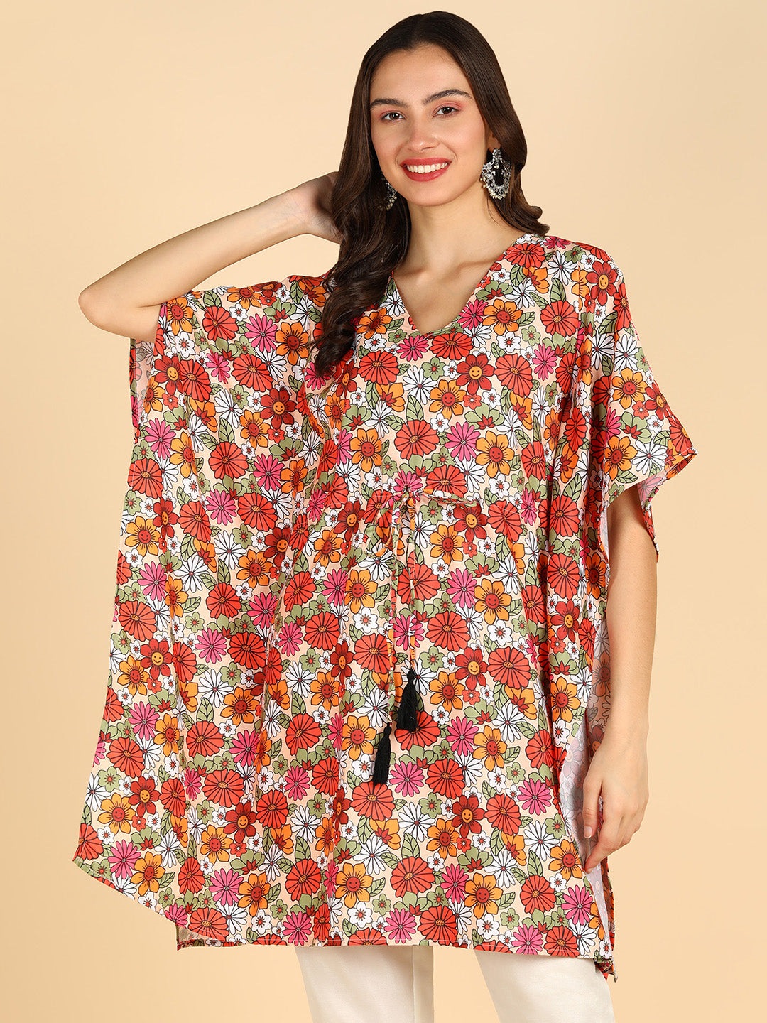 Multi Color Printed Kaftan Kurta With Tassel Details