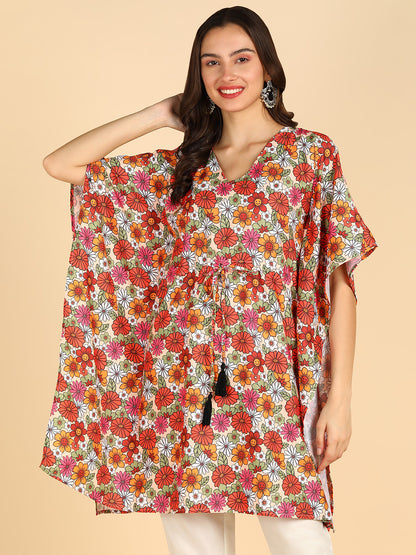 Multi Color Printed Kaftan Kurta With Tassel Details