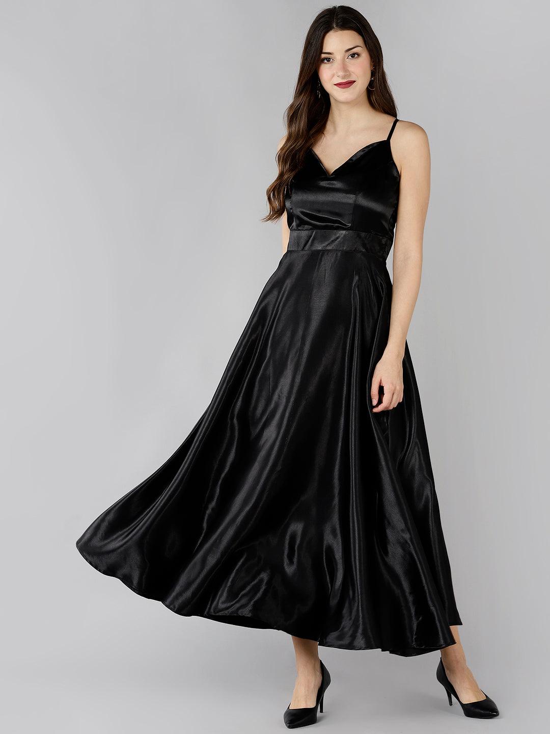 Znx Women Black Satin Designer Long Dress - Znxclothing
