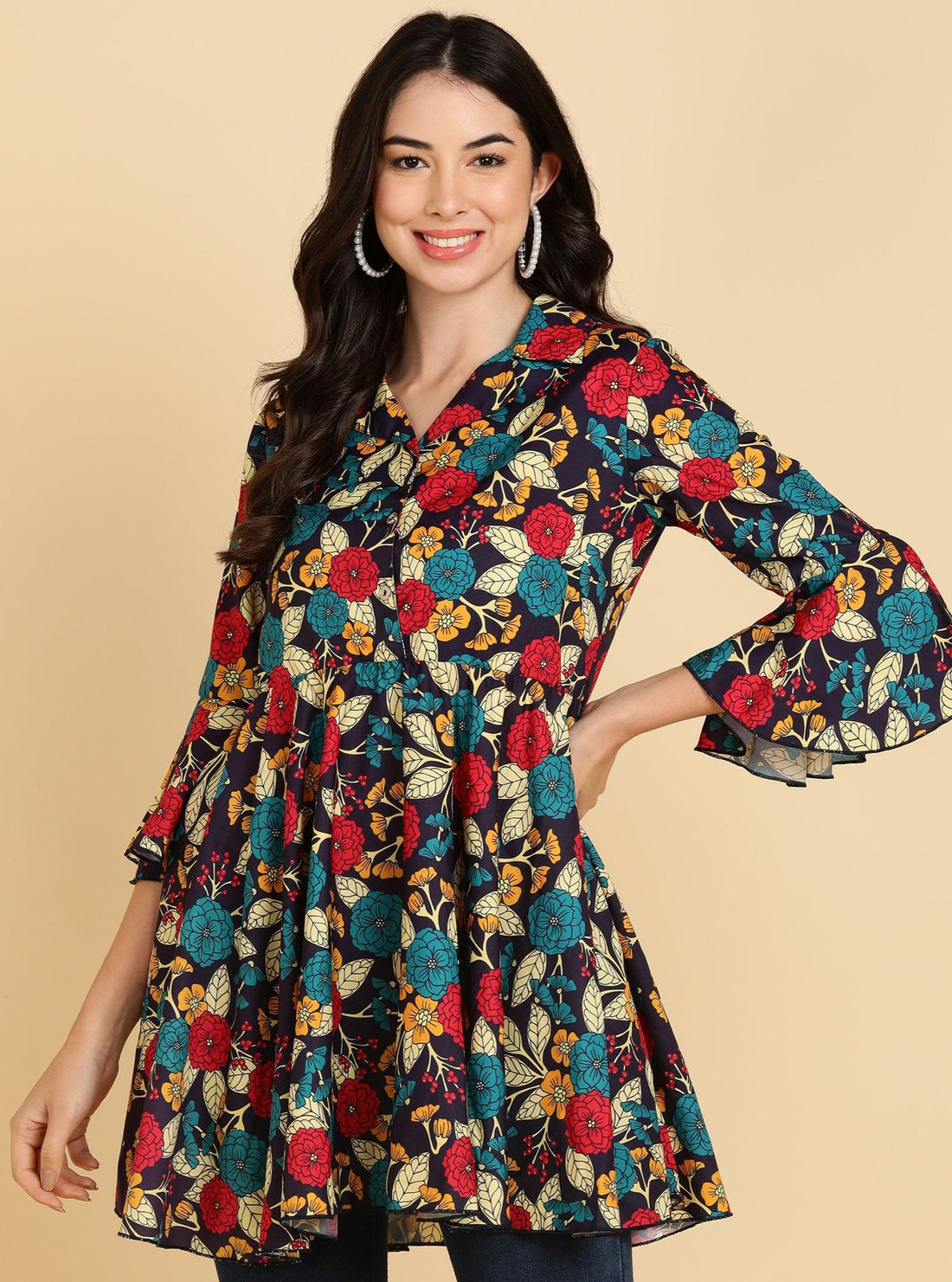 Multicolor Floral Printed Long Top - Znxclothing