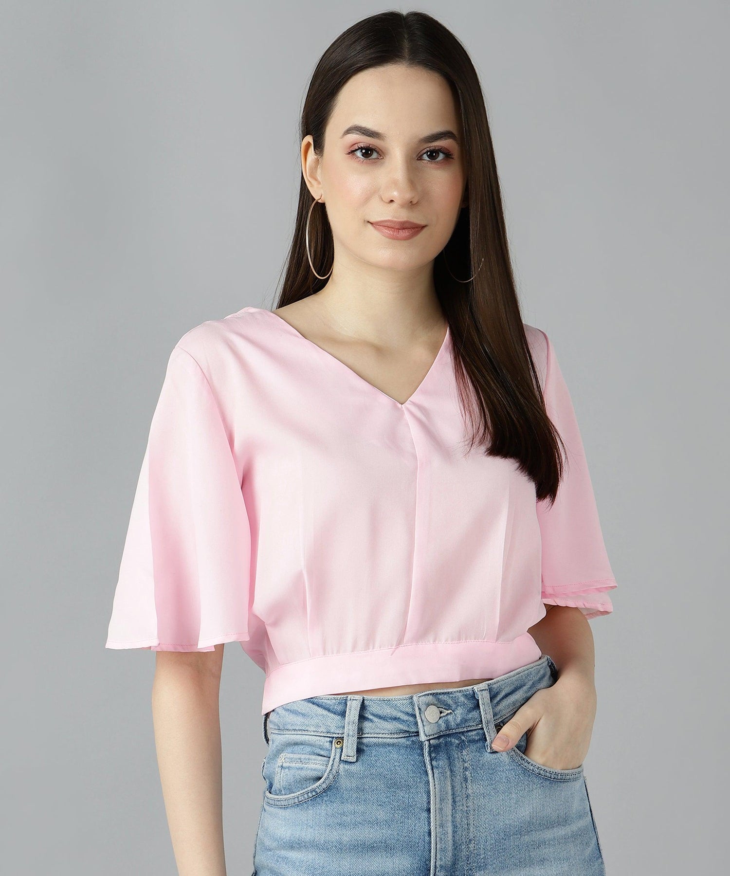 Znx Women Baby Pink Solid Crop Top - Znxclothing