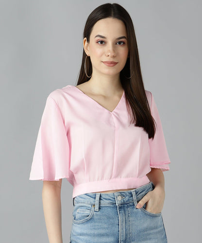 Znx Women Baby Pink Solid Crop Top - Znxclothing
