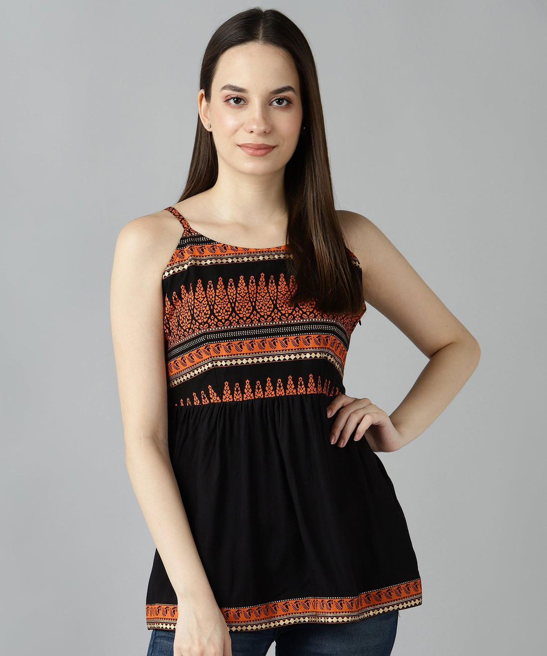 Znx Women Orange Gold Printed Black Top - Znxclothing