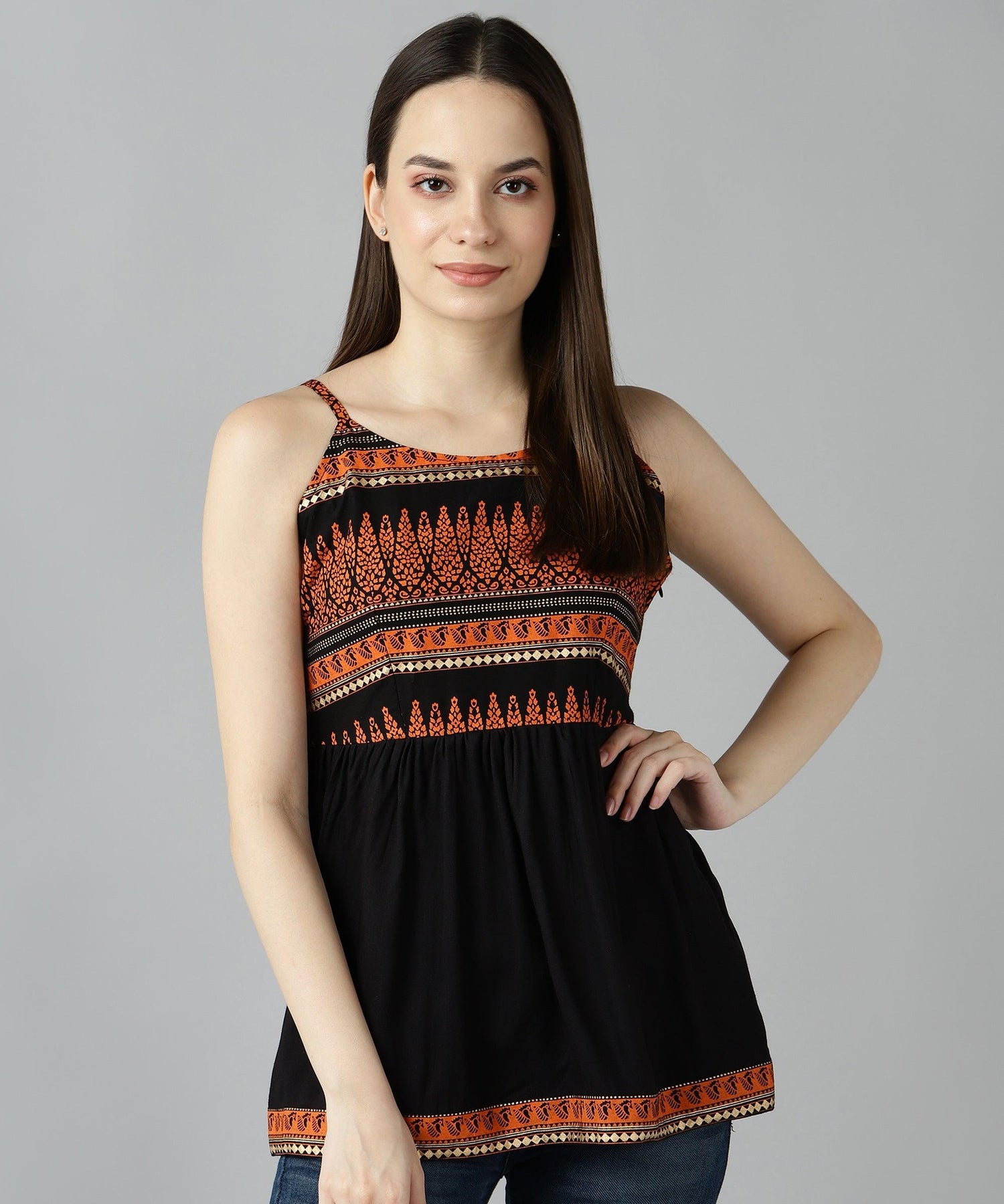 Znx Women Orange Gold Printed Black Top - Znxclothing