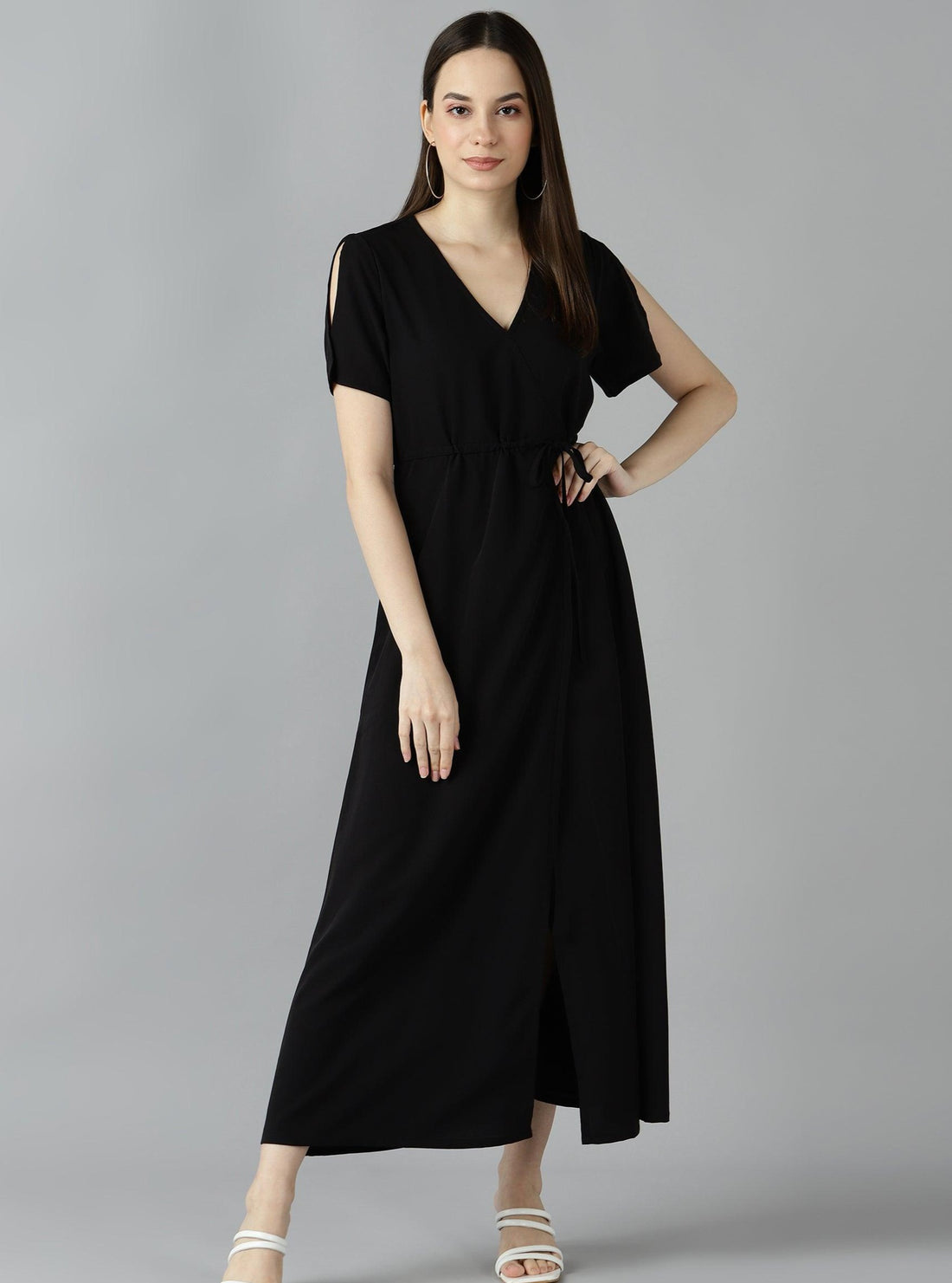 Znx Women Solid Black Fornt Slit Dress - Znxclothing