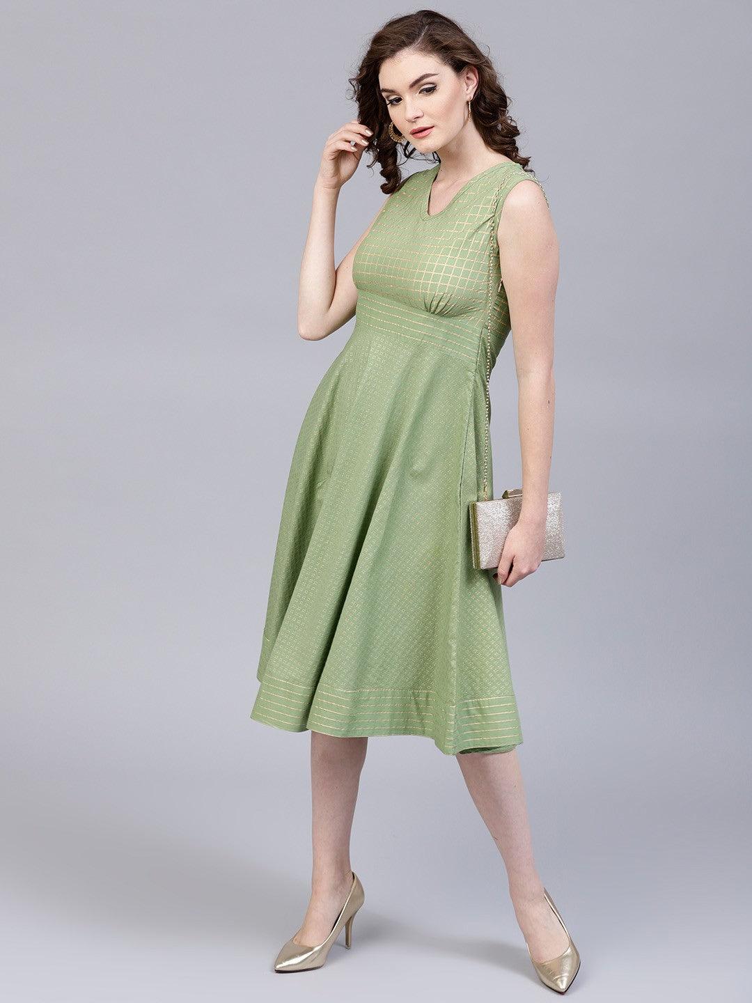 Mint Gold Printed A-Line Sleeveless (Fully Stitched ) - Znxclothing
