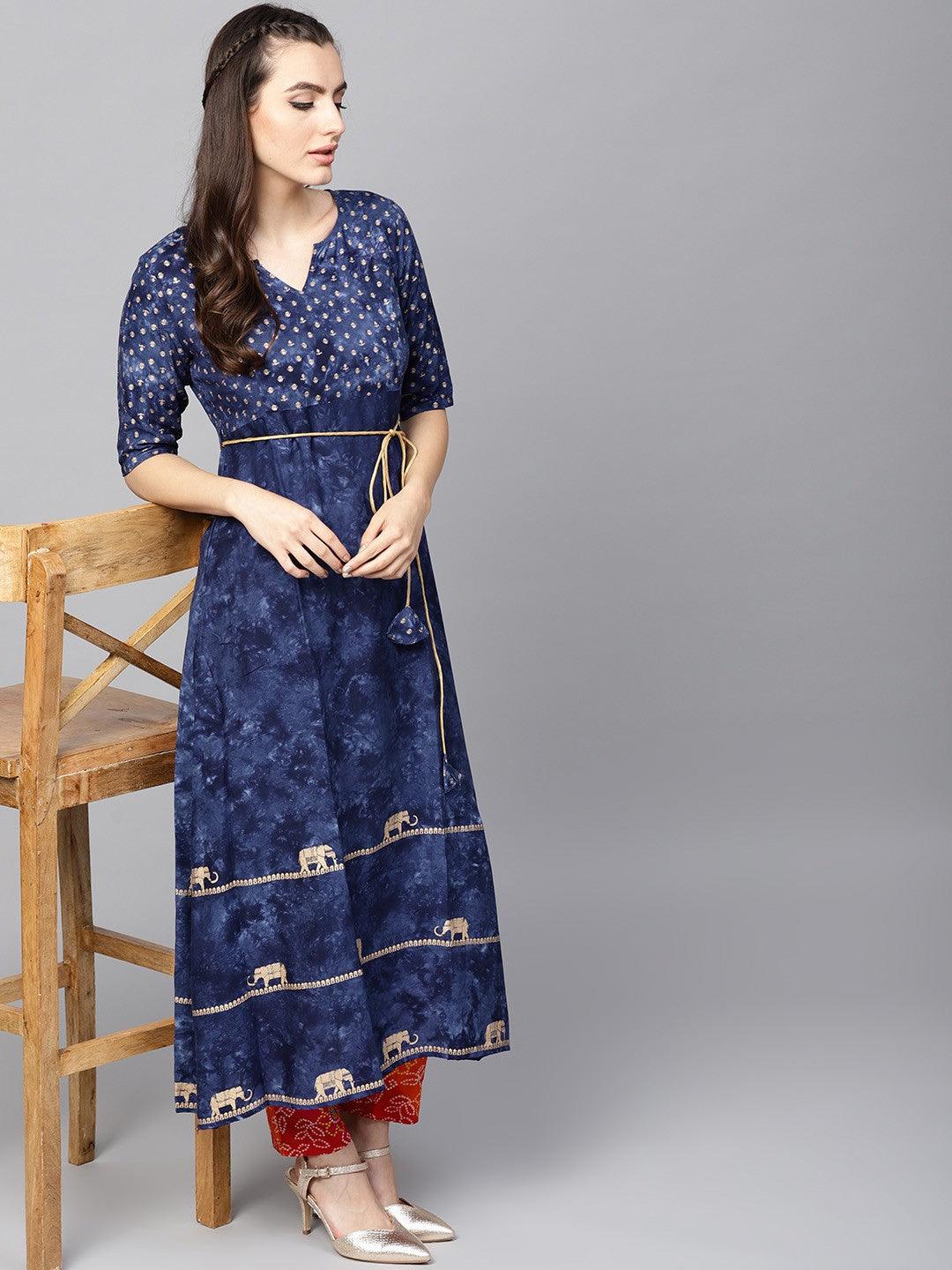 Navy Blue Gold Printed A-Line Kurta (Fully Stitched) - Znxclothing