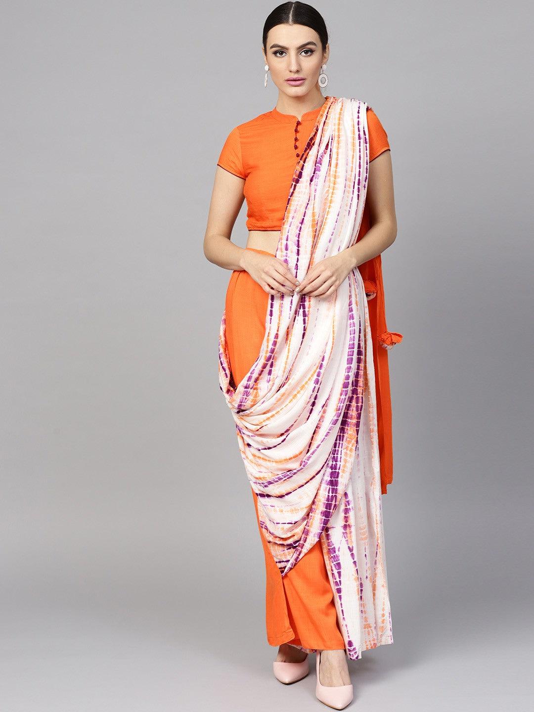 Orange Shibori Printed Palazzo Saree With Blouse - Znxclothing