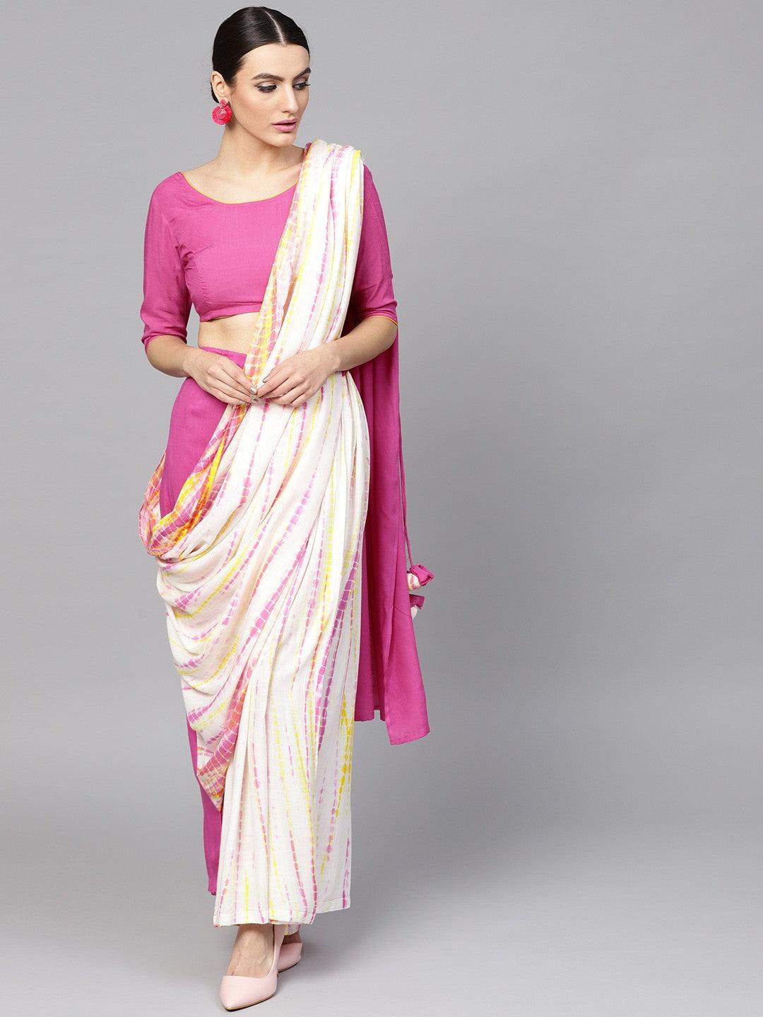 Pink &amp; White Shibori Printed Palazzo Saree With Blouse - Znxclothing