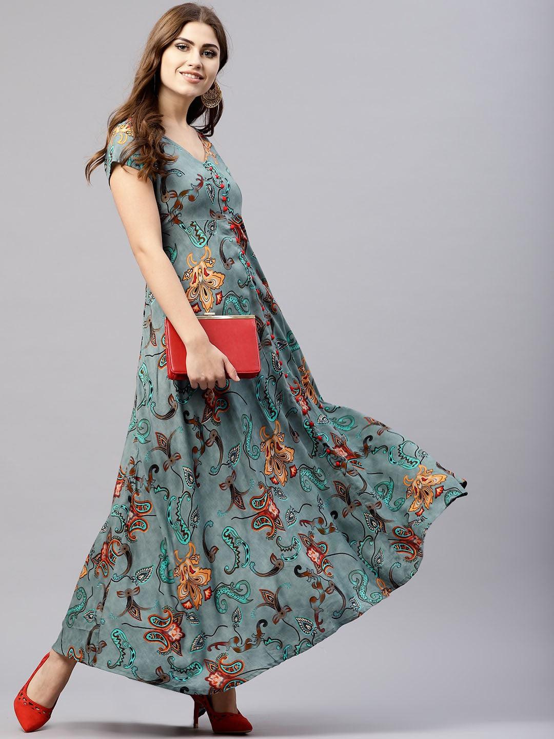 Grey Printed Flared Maxi (Fully Stitched ) - Znxclothing