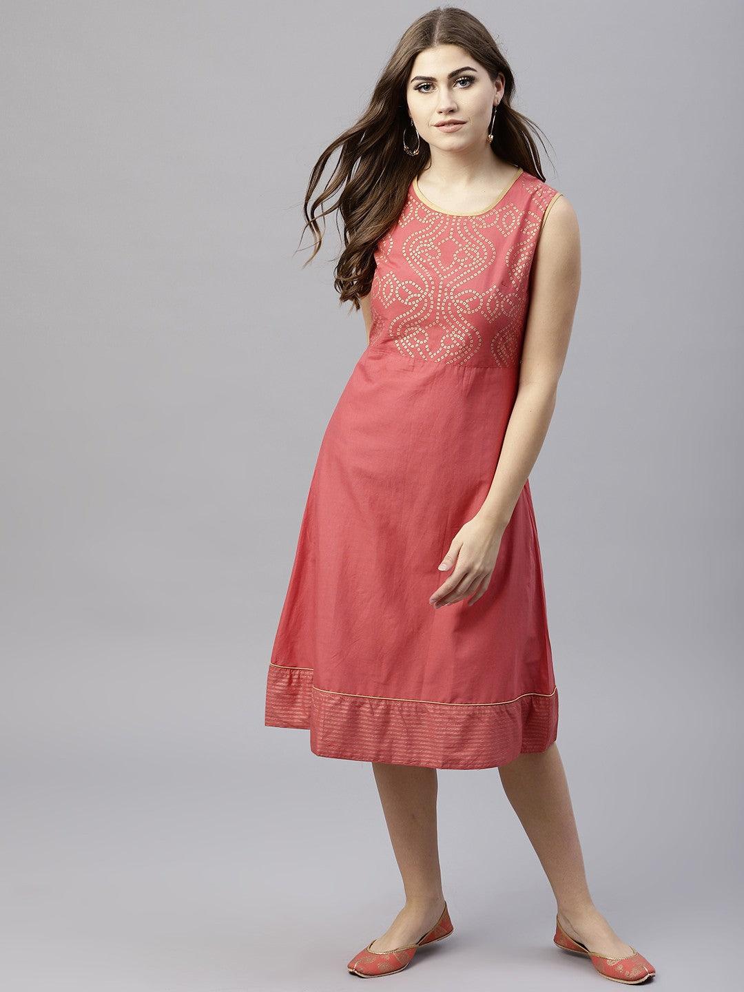 Peach Gold Printed Sleevless A-Line Dress (Fully Stitched) - Znxclothing