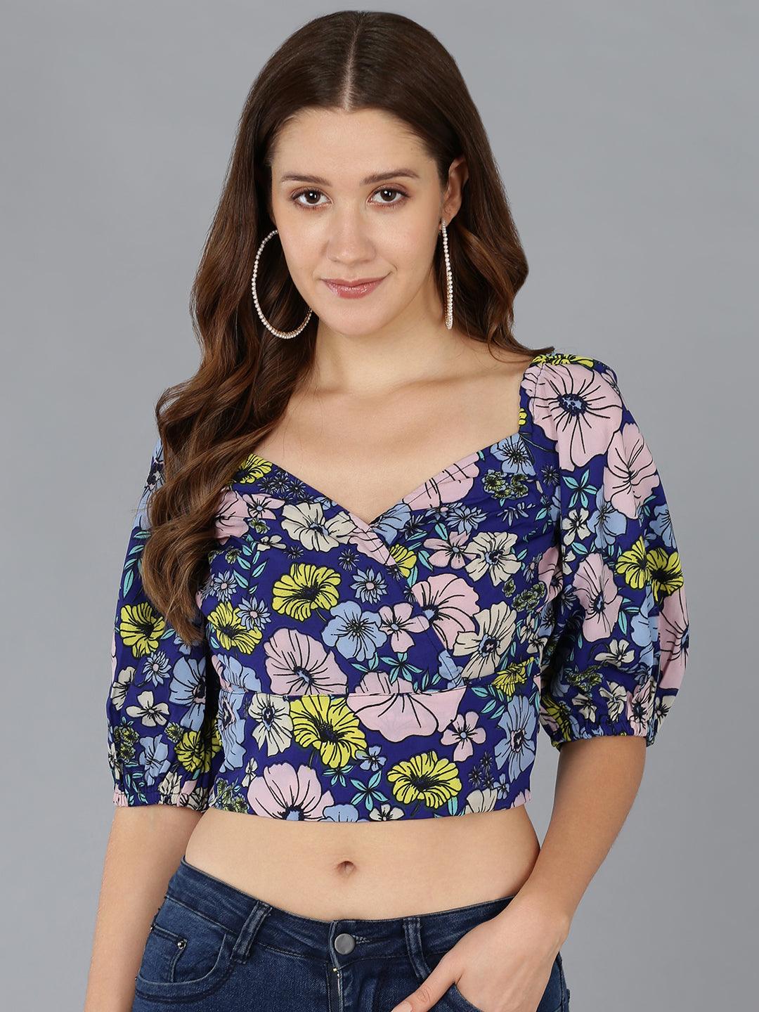 Smocked Floral Printed Blue Crop Top - Znxclothing