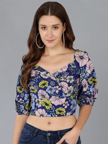 Smocked Floral Printed Blue Crop Top - Znxclothing