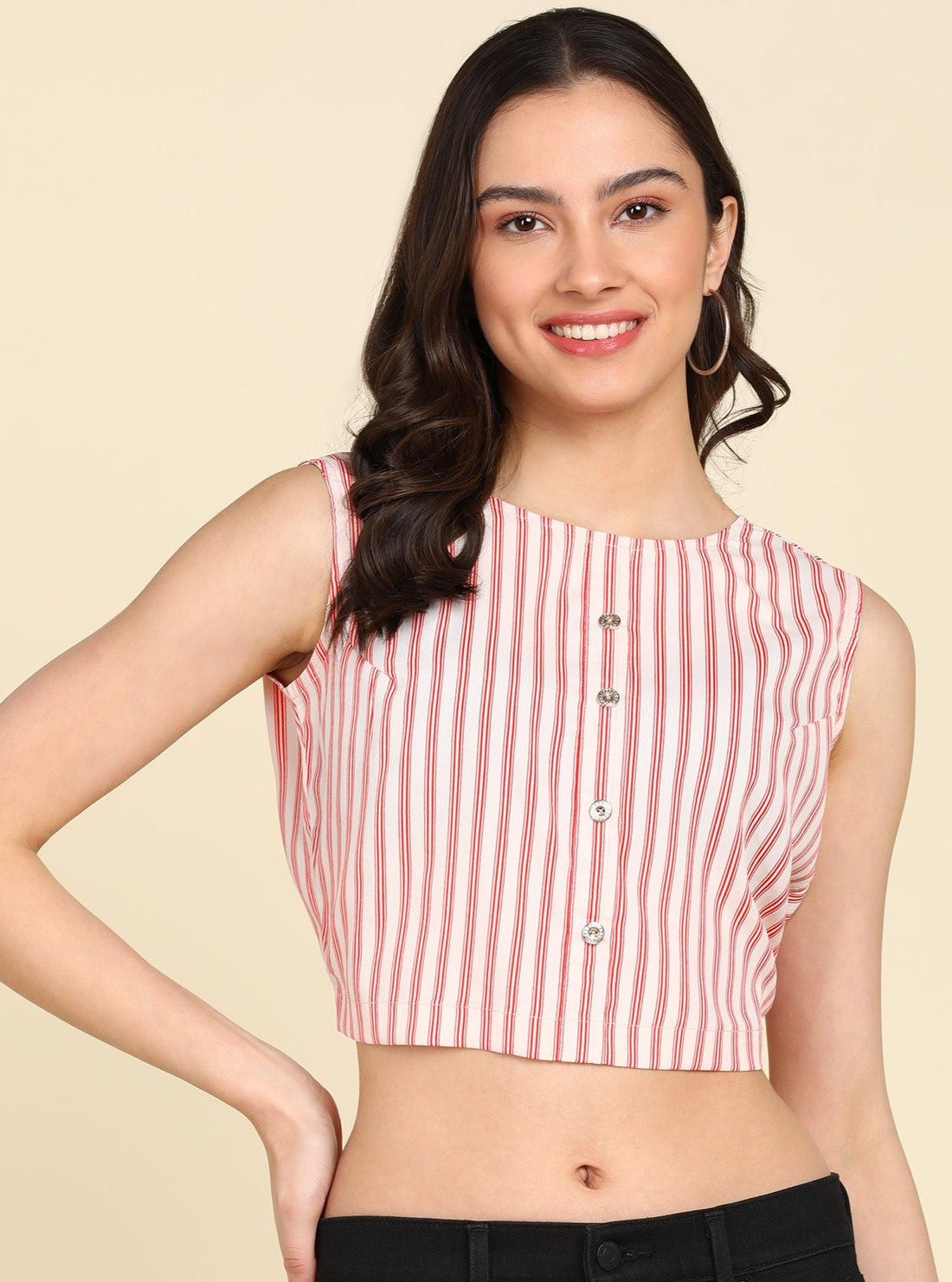 Cream &amp; Red Striped Styled Back Crop Top - Znxclothing