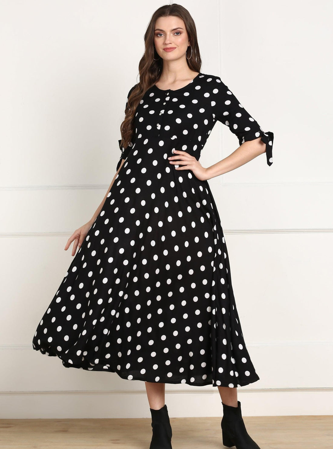 Znx Women Black Polka Dot Printed Dress - Znxclothing