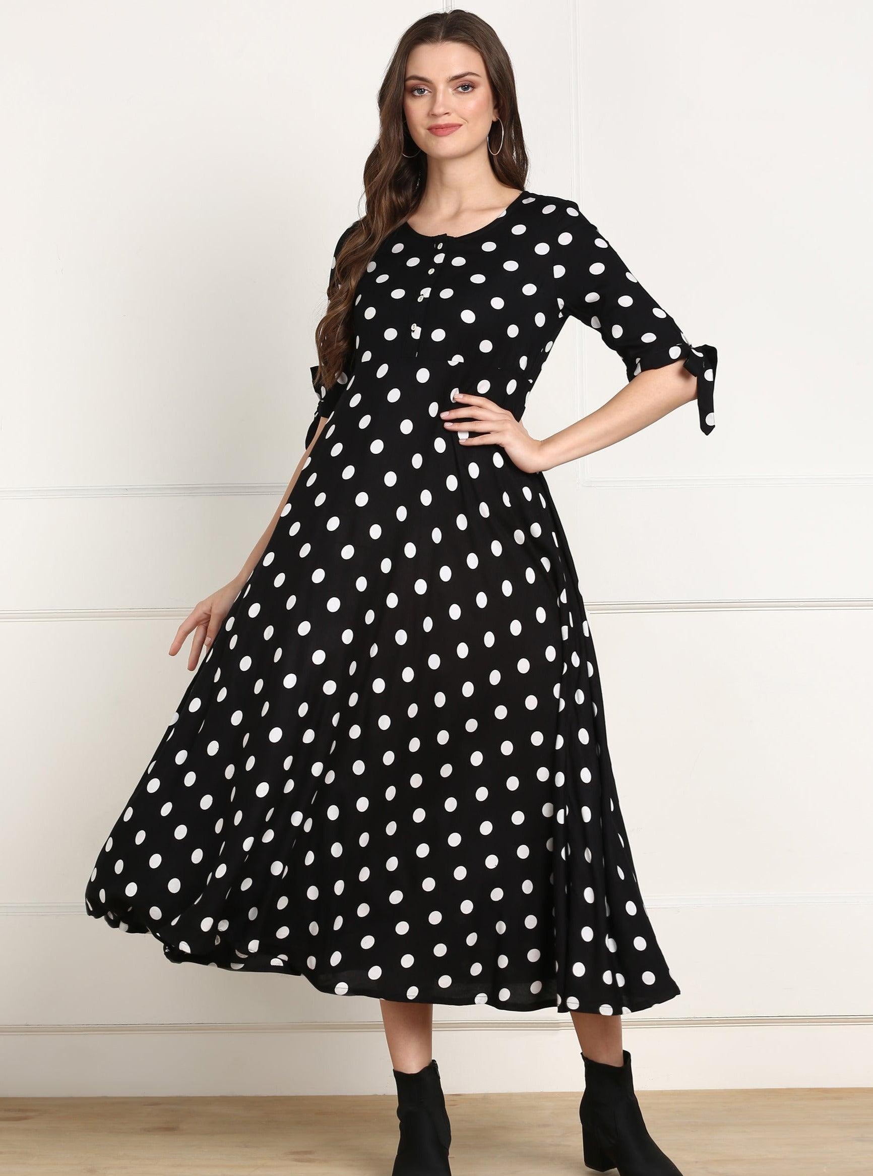 Znx Women Black Polka Dot Printed Dress - Znxclothing