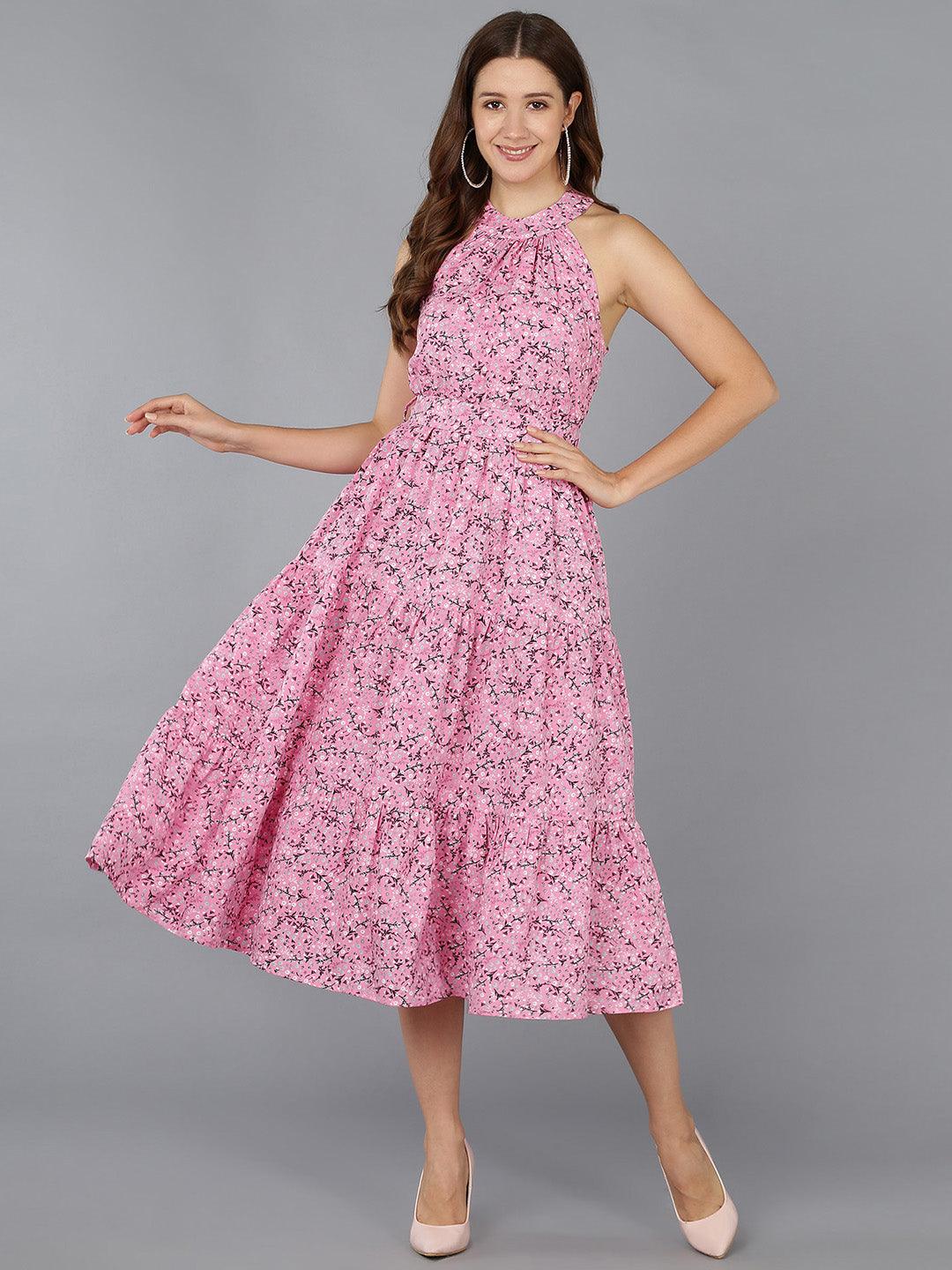 Floral Printed Pink Tiered Dress - Znxclothing