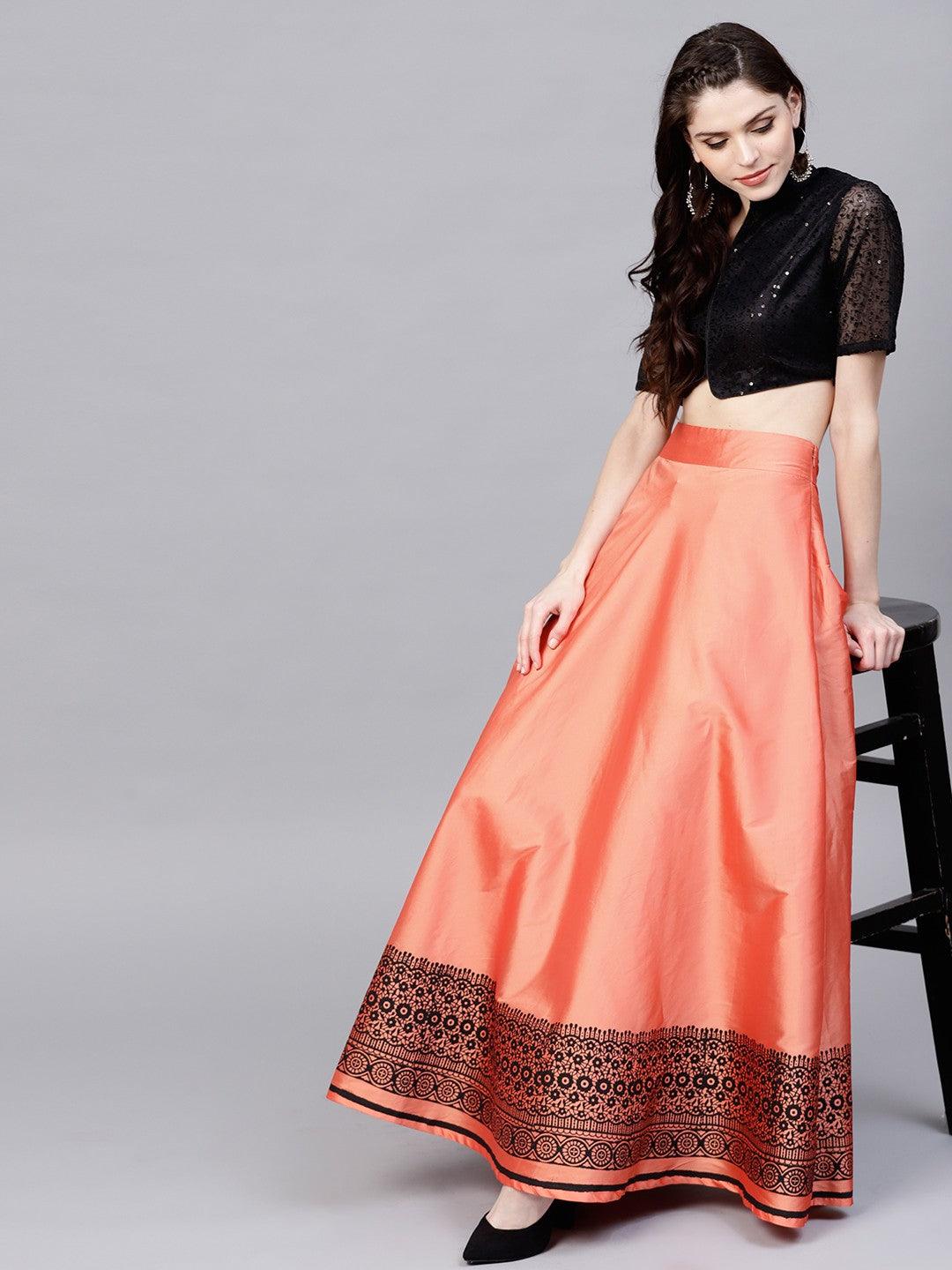 Peach &amp; Black Block Printed Lehenga With Sequned Choli (Fully Stitched) - Znxclothing