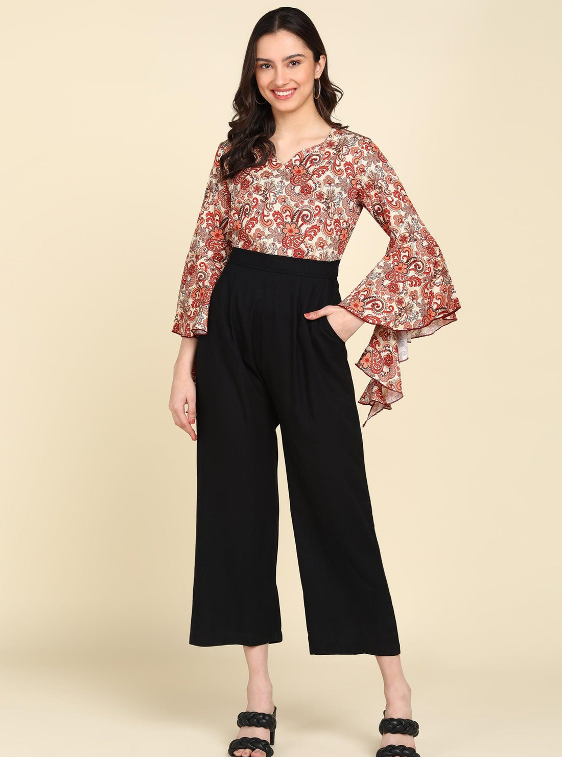 Red Ethnic Modifs Printed Cream &amp; Black Jumpsuit - Znxclothing