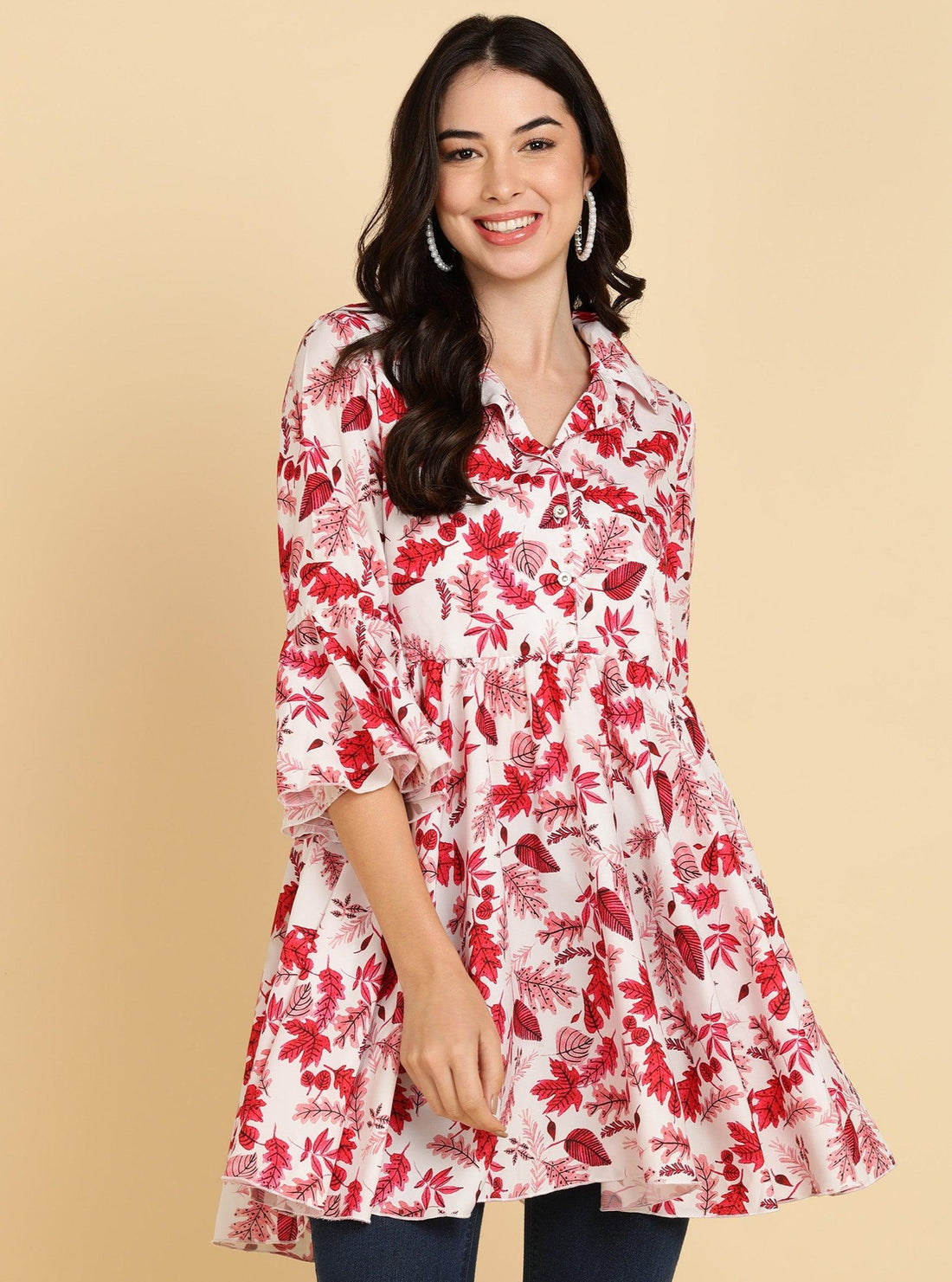 Pink Tropical Printed White Long Top - Znxclothing