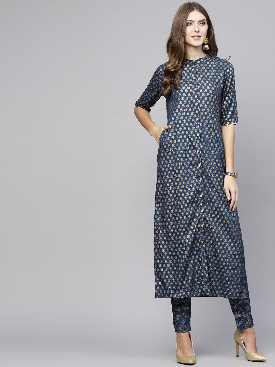Blue Gold Printed Button Down Long Kurta (Fully Stitched) - Znxclothing