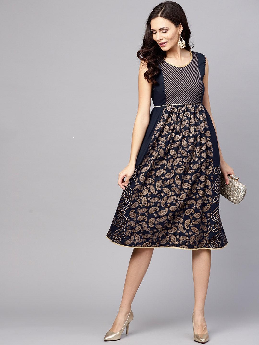 Navy Blue Gold Printed Sleeveless Skater Dress (Fully Stitched) - Znxclothing