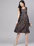 Navy Blue Gold Printed Sleeveless Skater Dress (Fully Stitched) - Znxclothing
