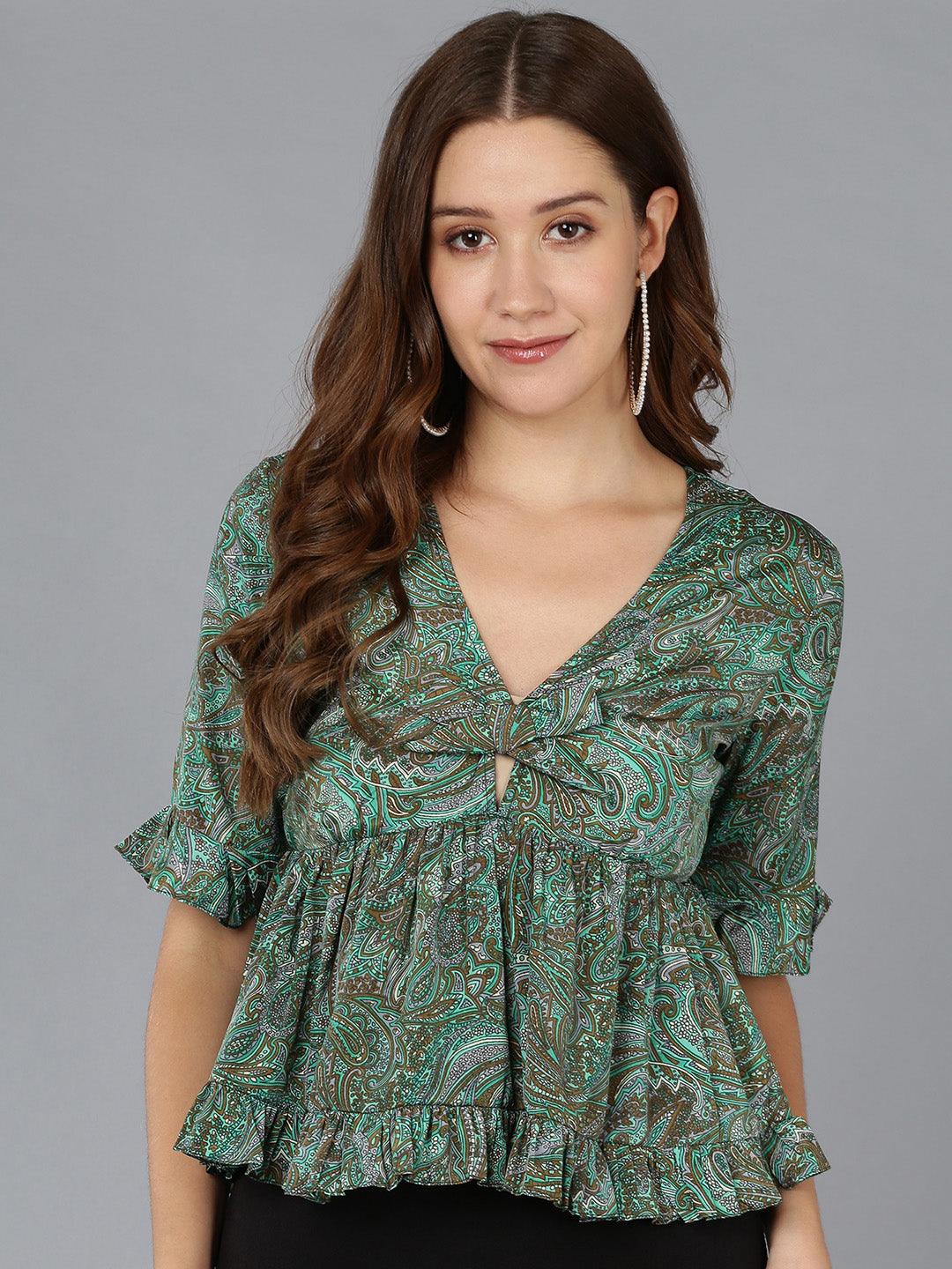 Ethnic Motifs Printed Green Top - Znxclothing