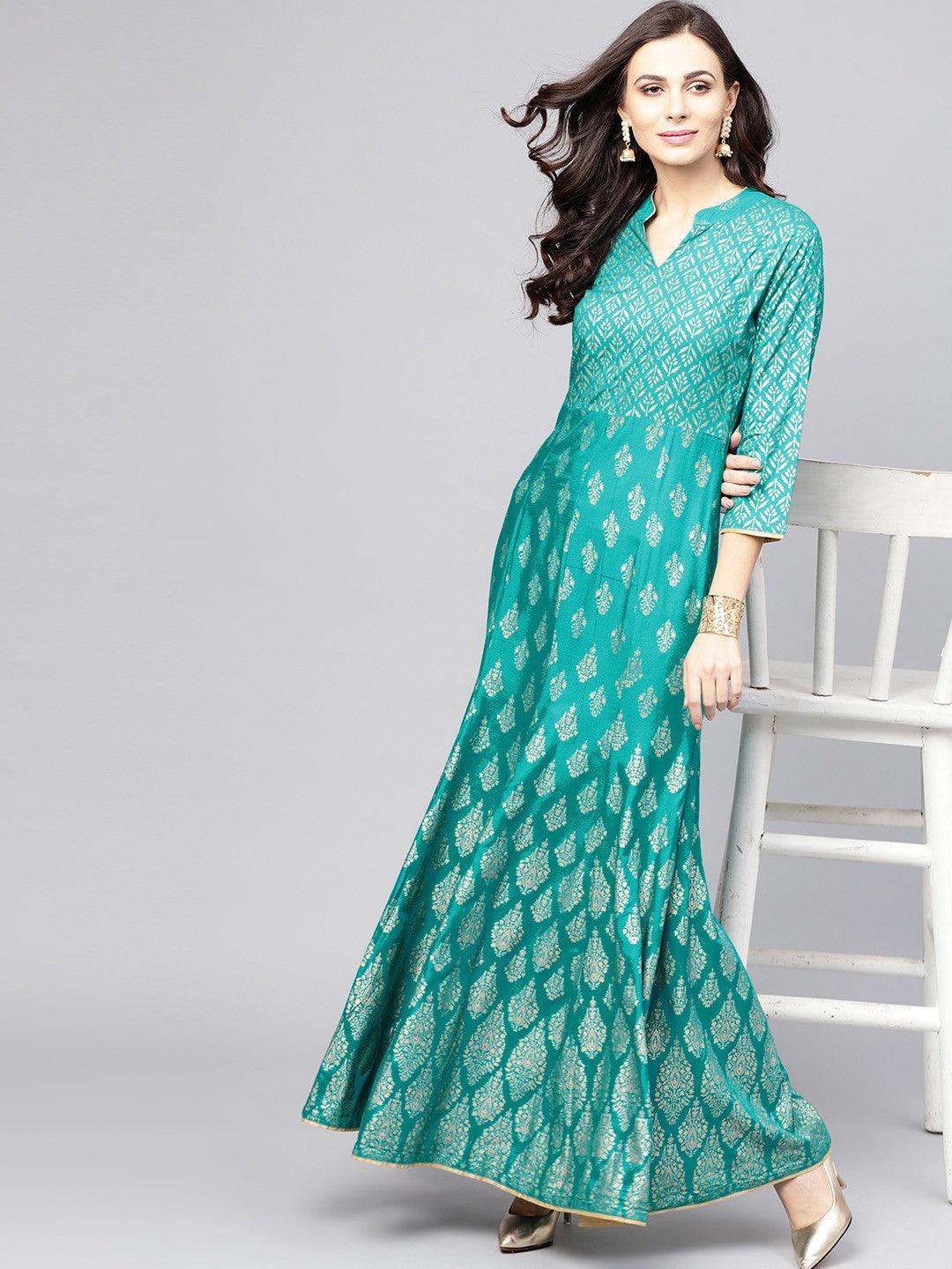 Blue Gold Printed Long Maxi (Fully Stitched) - Znxclothing