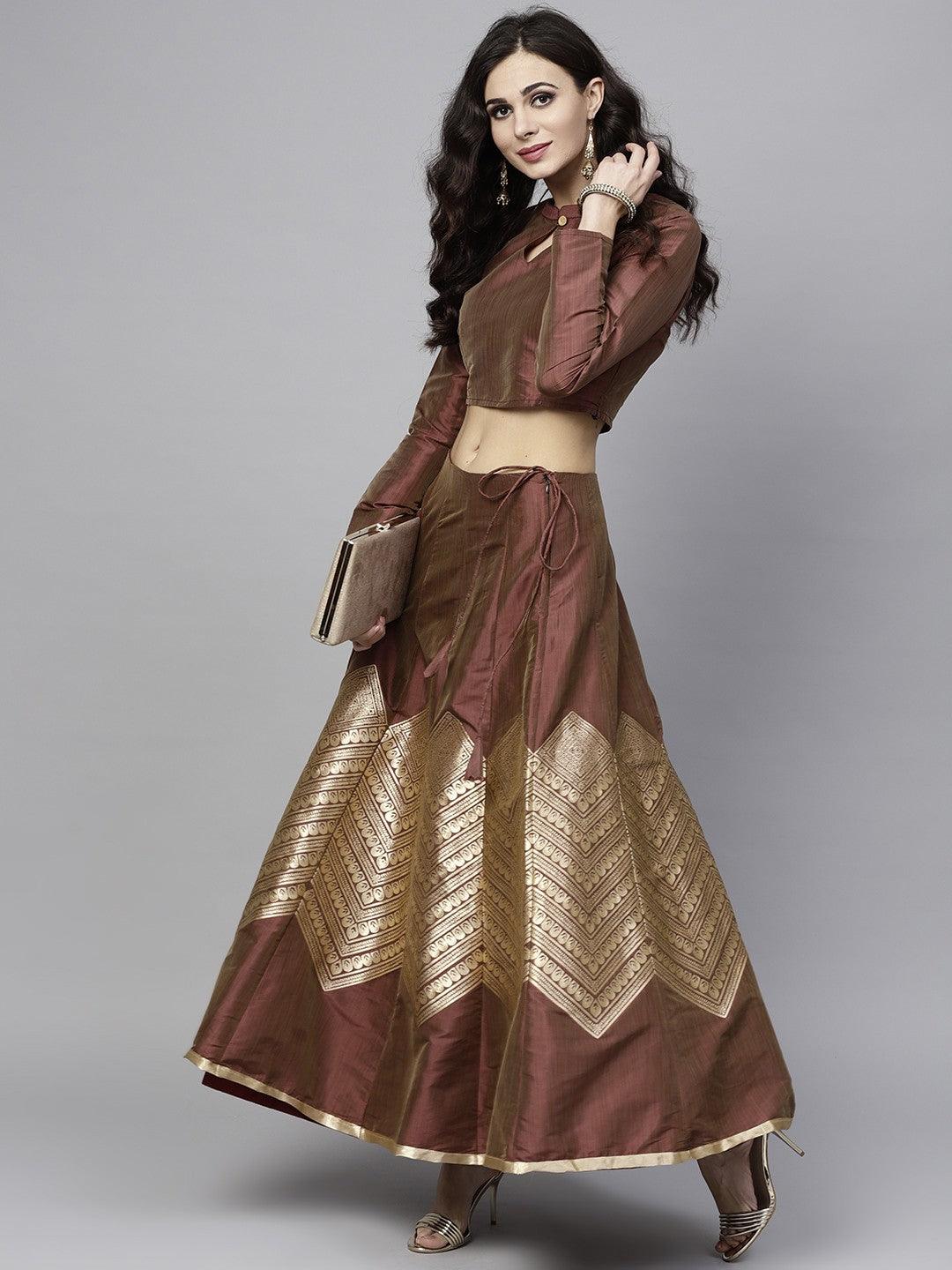 Brown &amp; Gold Brocade Lehenga With Choli (Fully Stitched) - Znxclothing