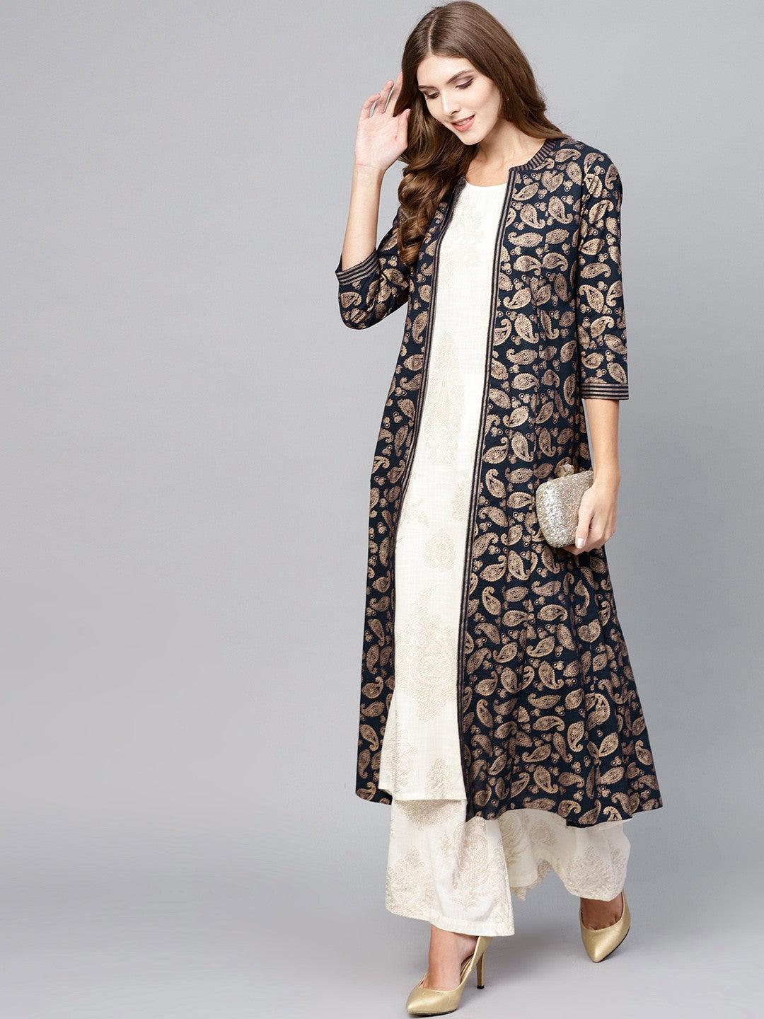 Navy Blue Gold Printed Long Jacket - Znxclothing