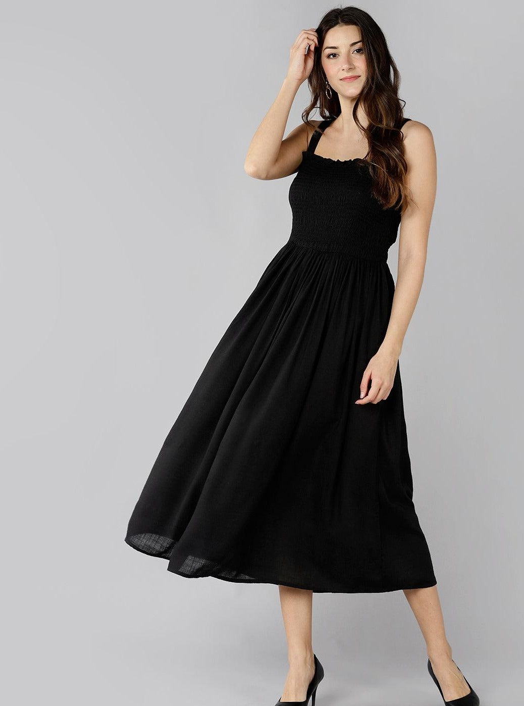 Znx Women Solid Black Smocking Dress - Znxclothing