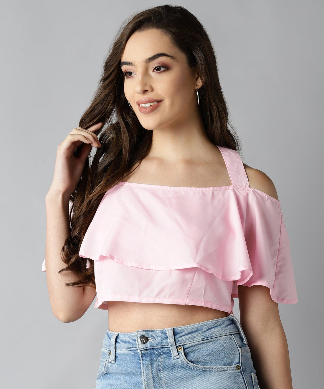 Women Baby Pink Shoulder Straps Top - Znxclothing