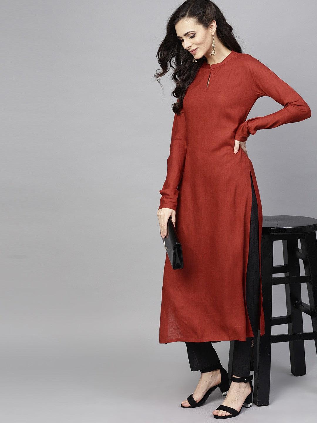 Maroon Solid Straight Kurta With Full Sleeve (Fully Stitched) - Znxclothing