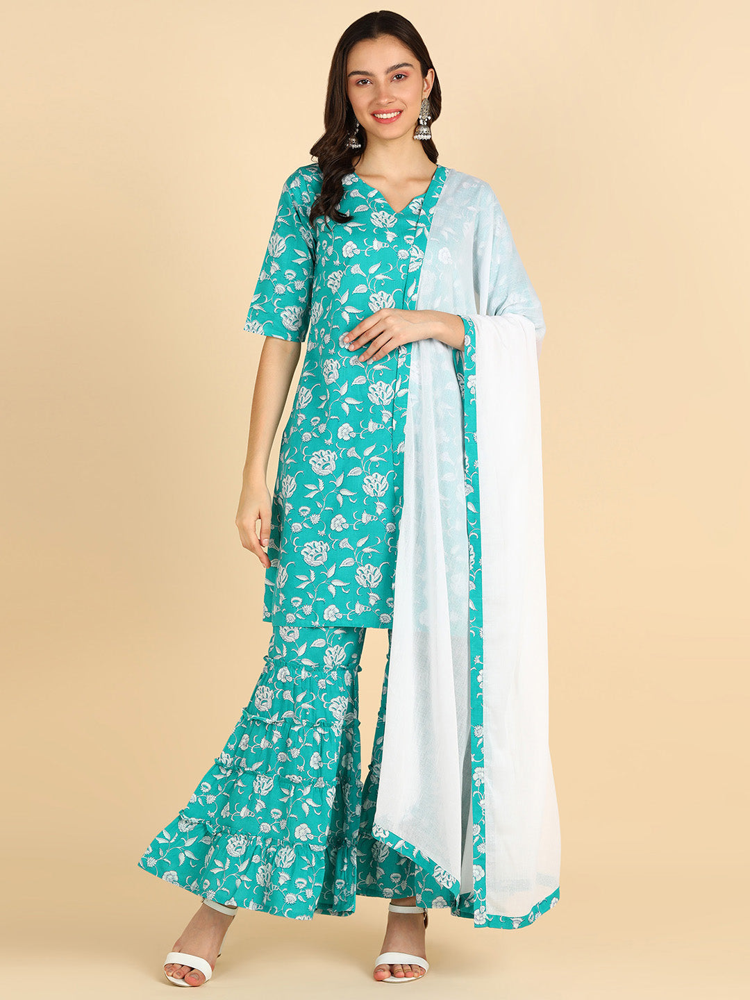 Women Turqouise Ethnic Motifs Printed Pure Cotton Kurta with Sharara &amp; With Dupatta