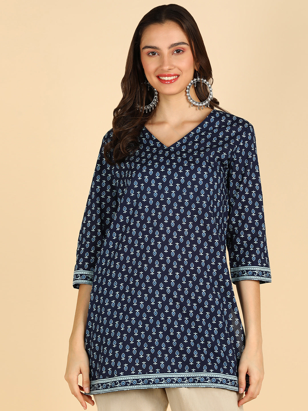White Floral Printed Blue Straight Kurti With Border Details