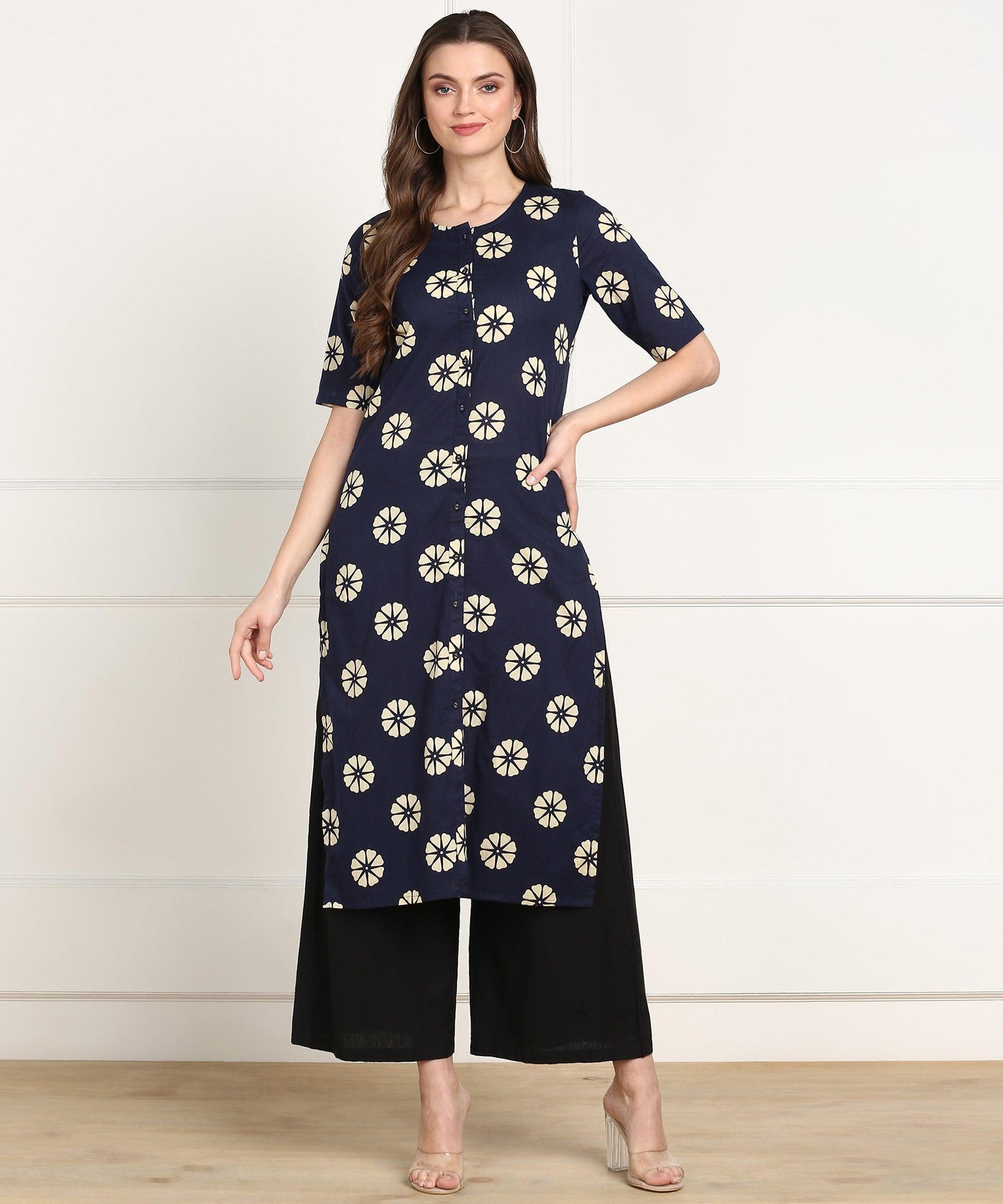 Znx Women Blue  Floral Printed A-line Kurta - Znxclothing